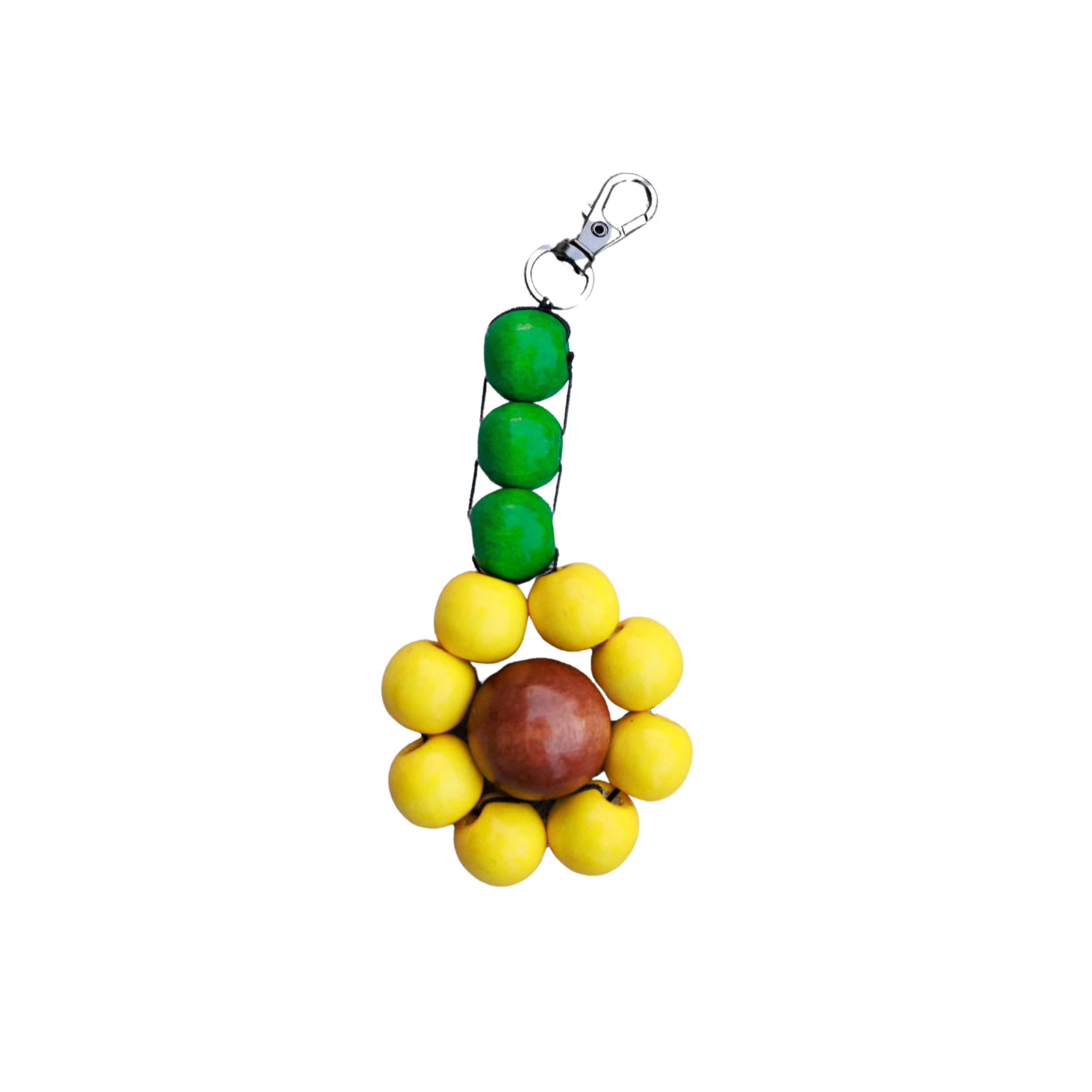 Colorful keychain with green, yellow, and brown beads on a white background
