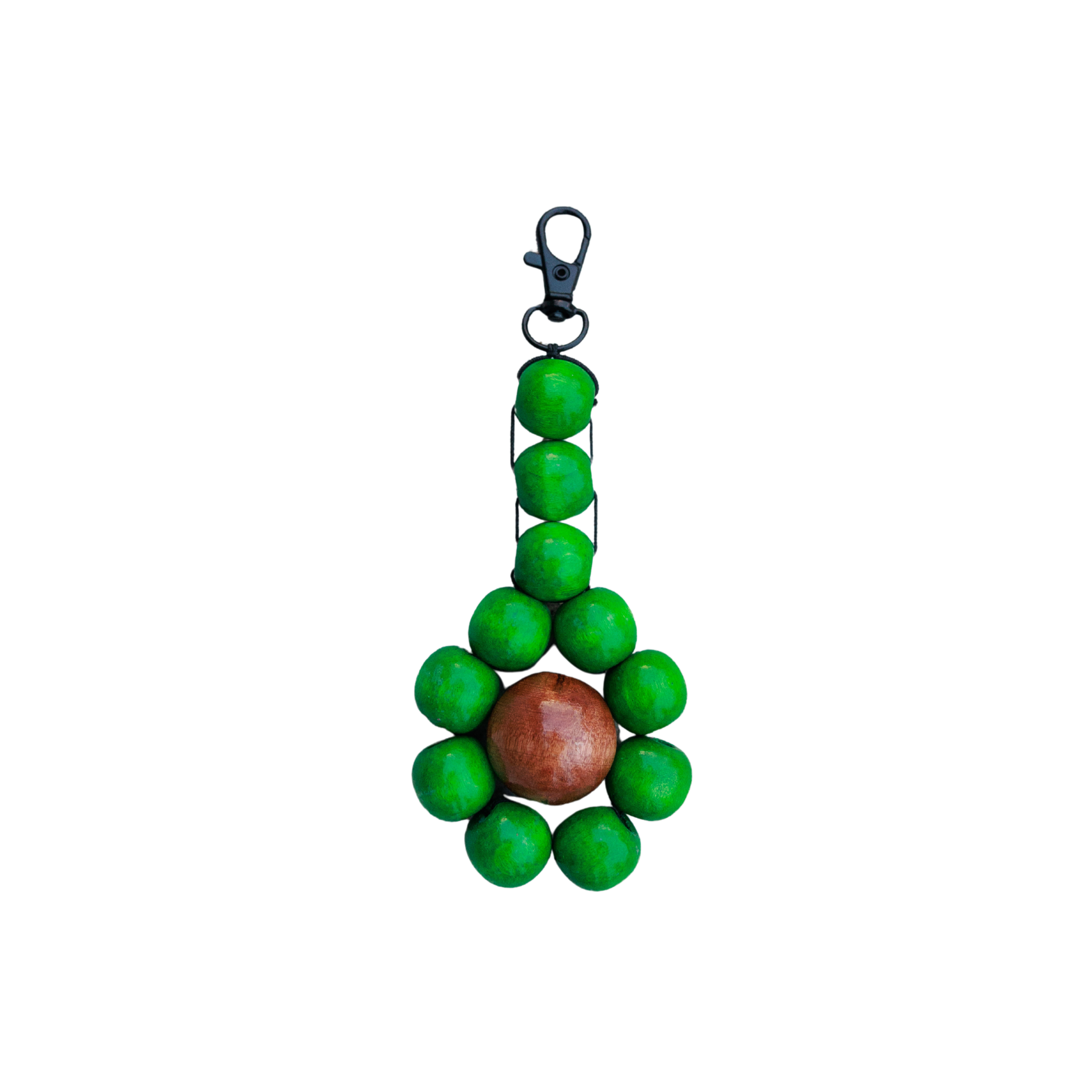Green beaded keychain with a central brown bead on a white background