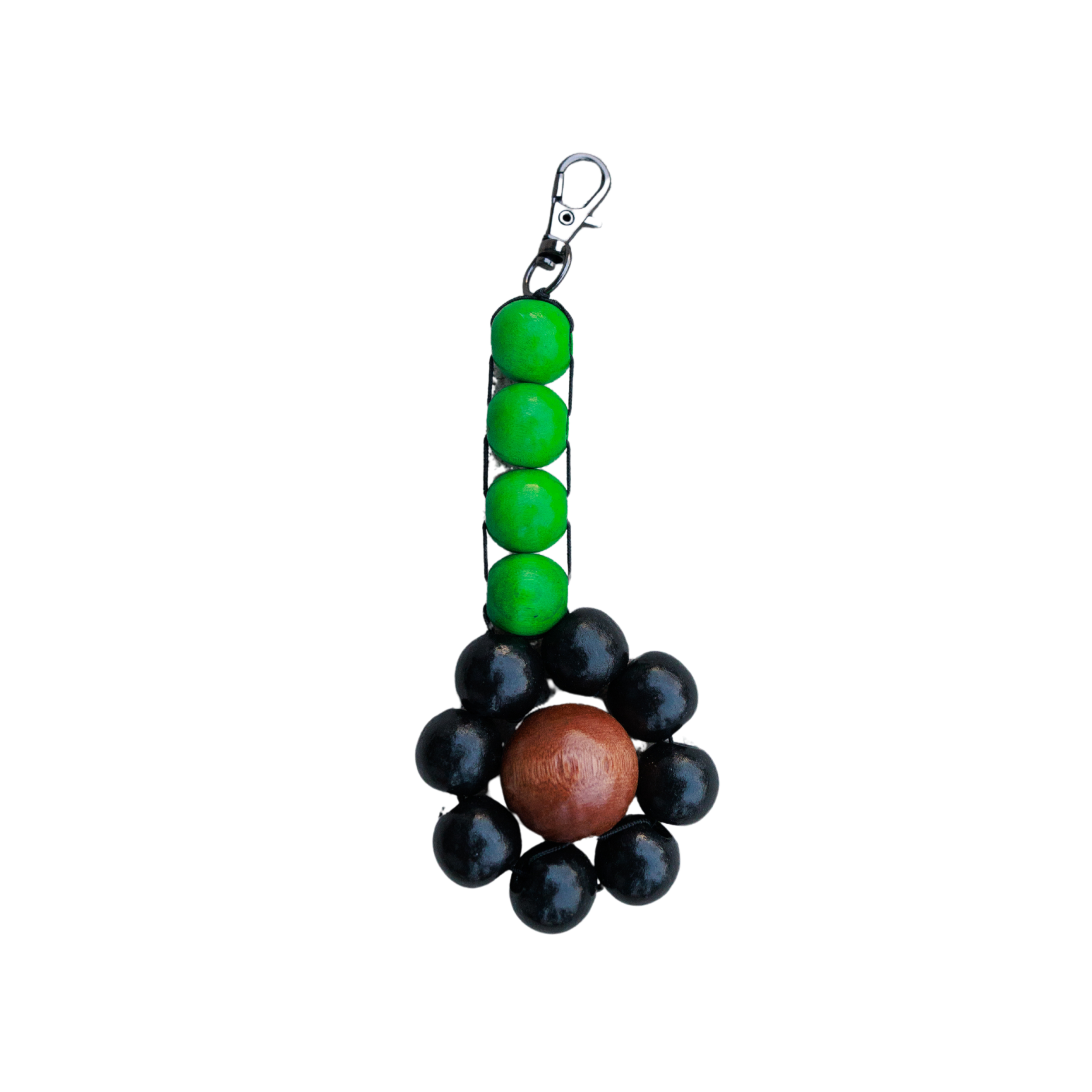 Keychain with green, black, and brown beads on a white background