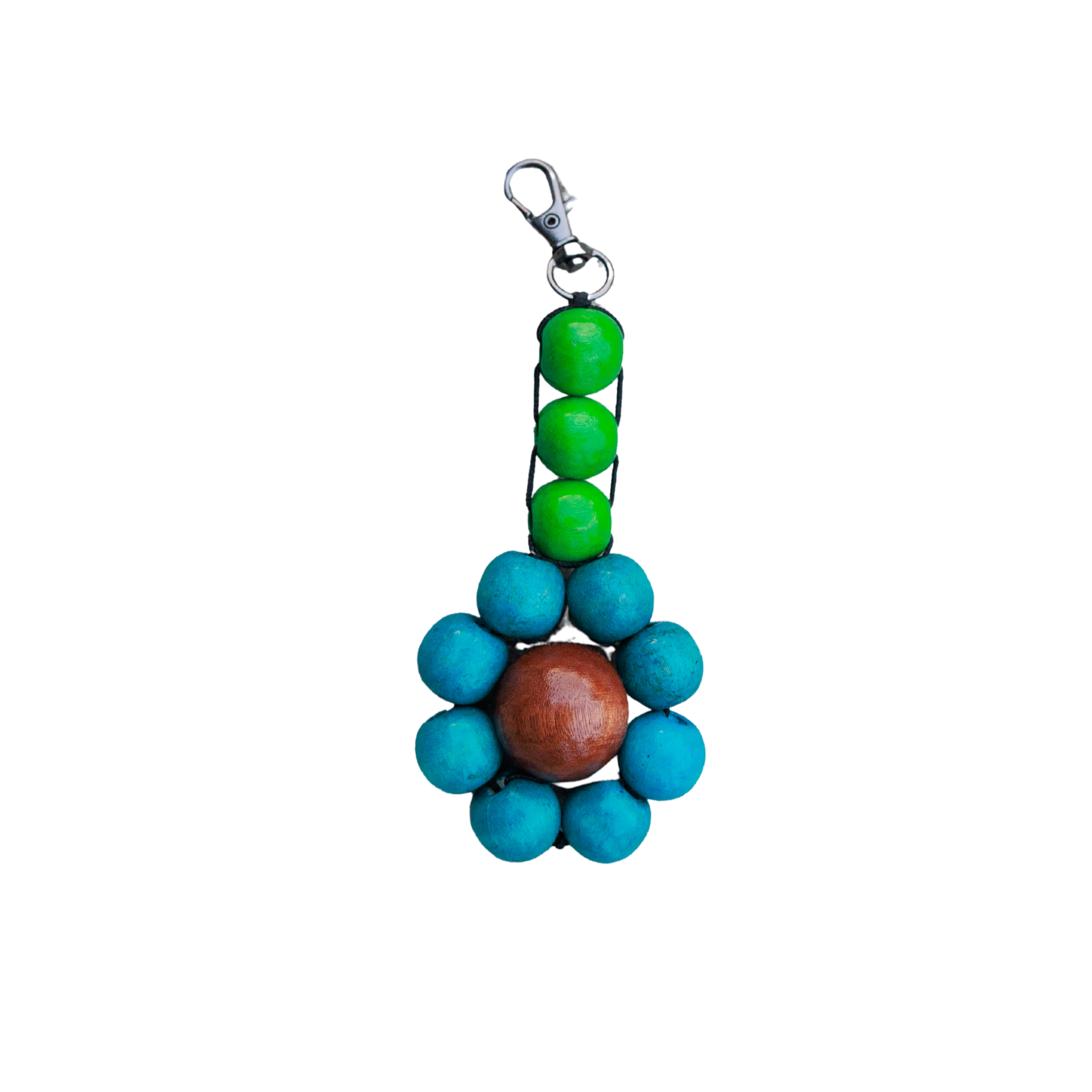 Colorful beaded keychain in the shape of a blue flower with a transparent background