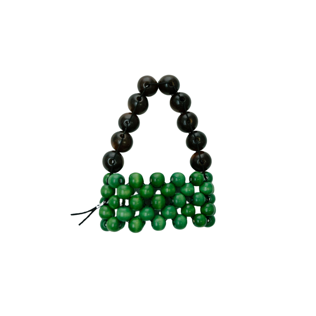 beaded cupholder with green and black beads on a transparent background