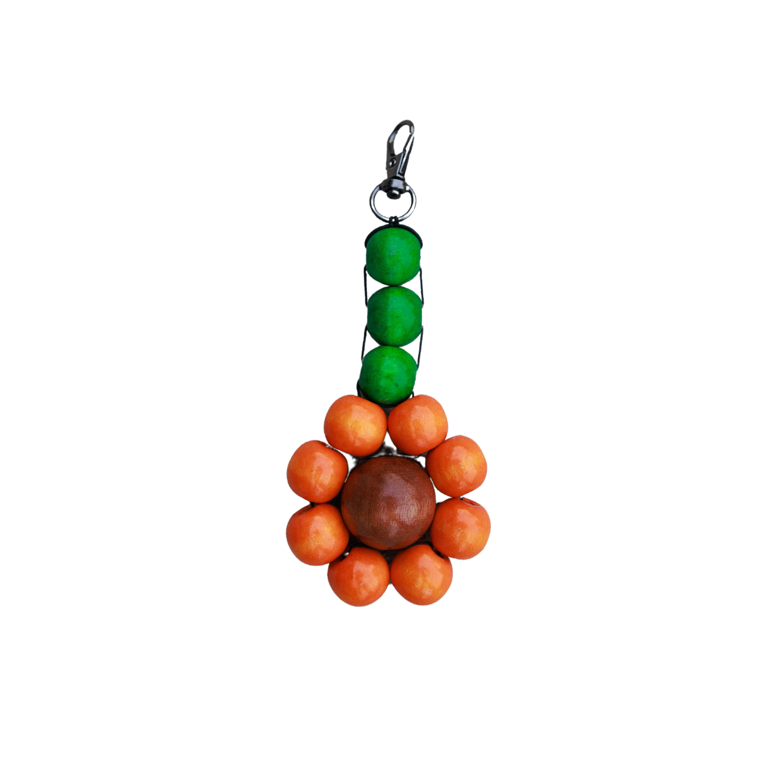 Colorful beaded keychain with a metal clasp on a white background