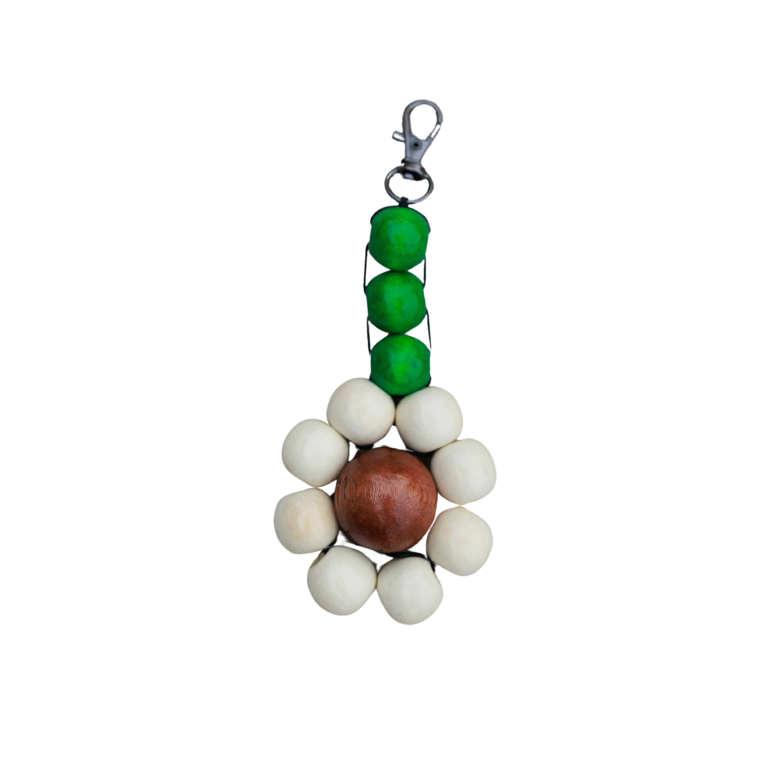 Keychain with green, white, and brown beads on a white background
