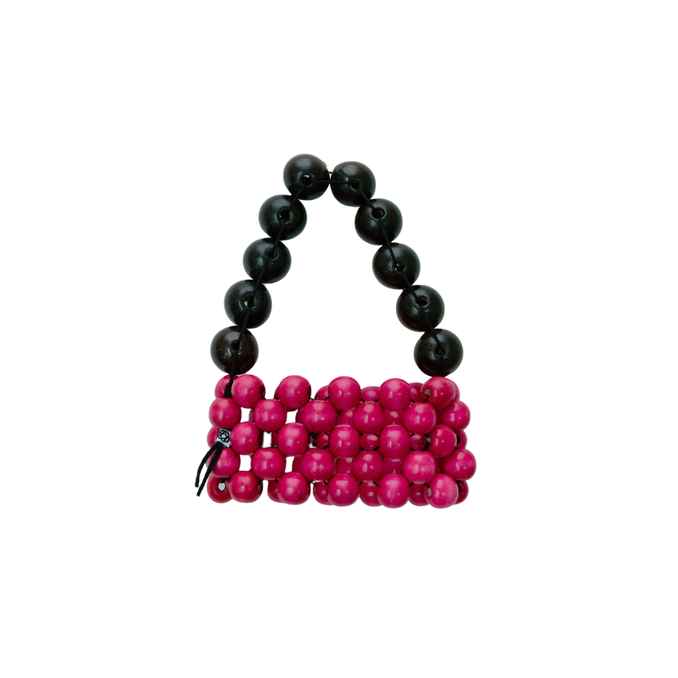 Beaded handbag with black beads on top and pink beads on the bottom on a white background