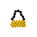 Yellow beaded handbag with black handle on a white background